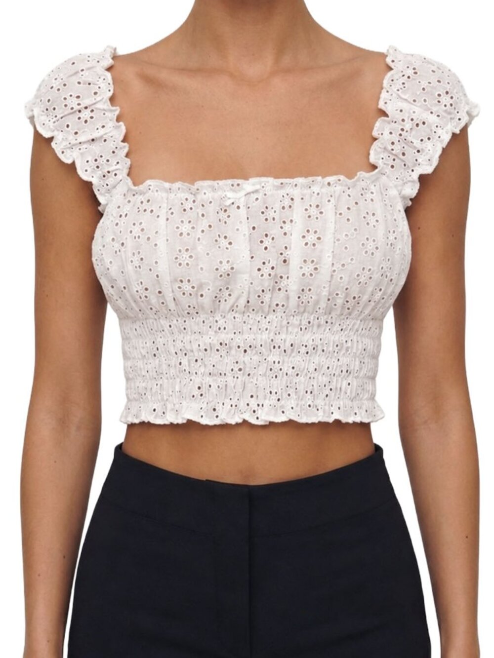 Reformation Emberly Top White Eyelet Smocked Cropped Ruffle XS